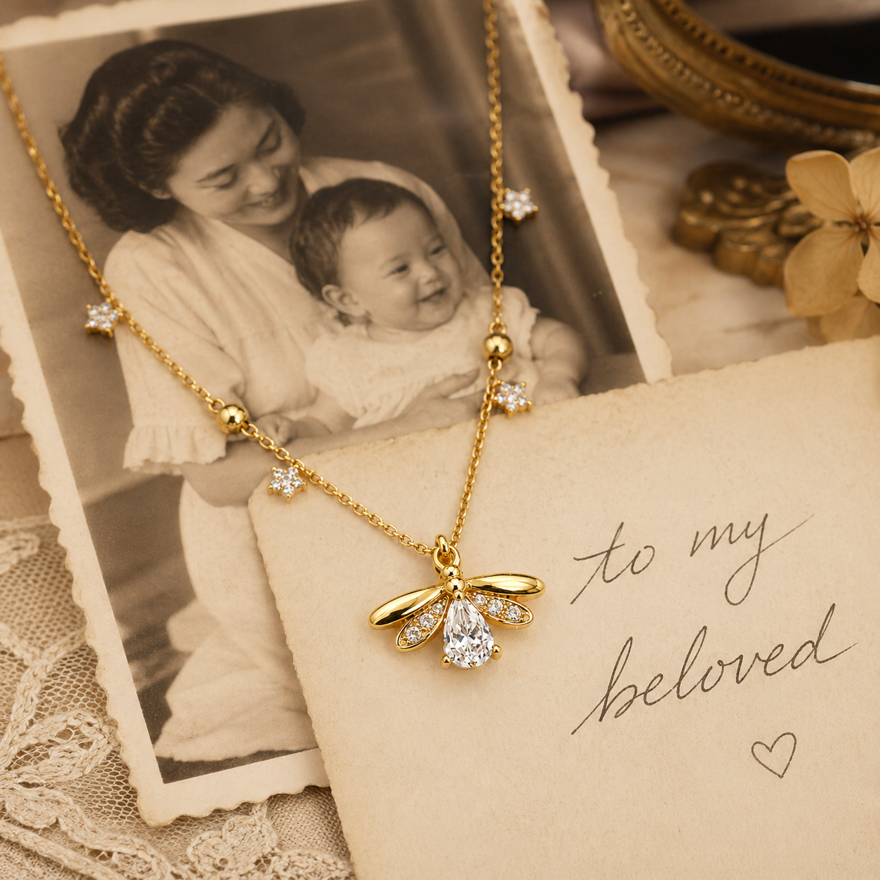 A photo of mother and child in black and white, on top is a lotus flower gold necklace