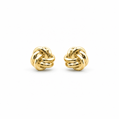 Pair of gold knot earrings on a white background