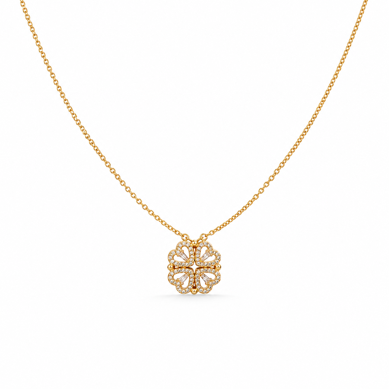 2-in-1 Clover 18K Gold Vermeil CZ Pendant Necklace – Four-Heart Convertible Jewelry, Gift for Her