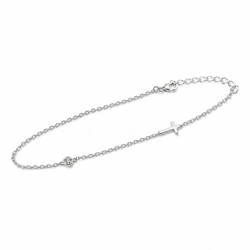 Mini Cross 925 Sterling Silver CZ Bracelet – Dainty Religious Chain Bracelet, Gift for Her