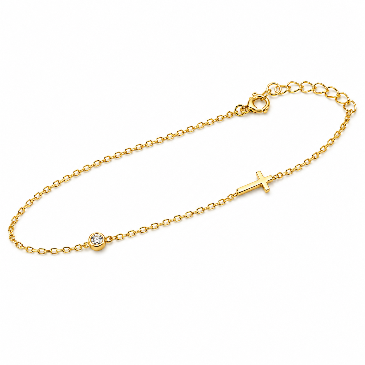 Mini Cross Gold Vermeil CZ Bracelet – Dainty Religious Chain Bracelet, Gift for Her