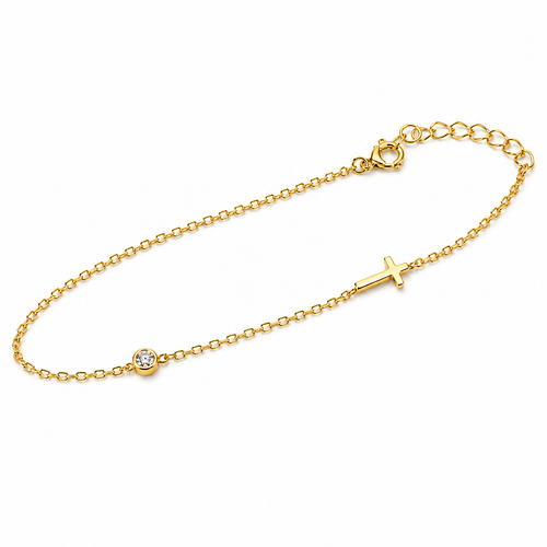 Mini Cross Gold Vermeil CZ Bracelet – Dainty Religious Chain Bracelet, Gift for Her