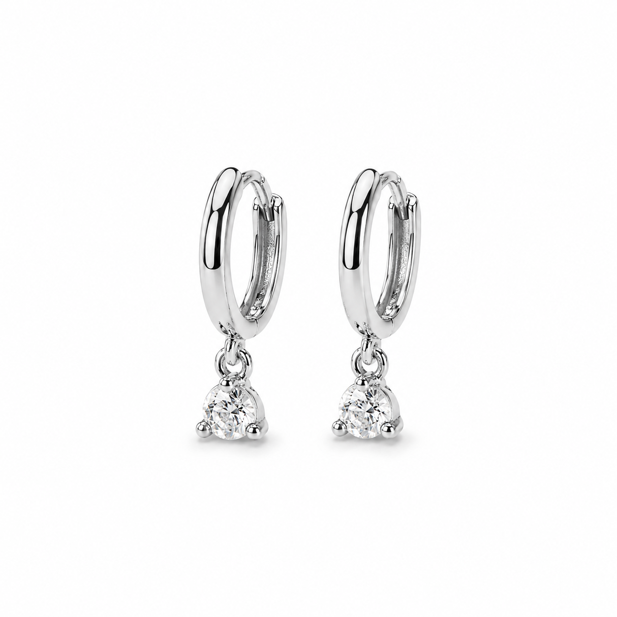 Dainty 925 Sterling Silver CZ Drop Earrings – Huggie Hoop with Solitaire Pendant, Gift for Her