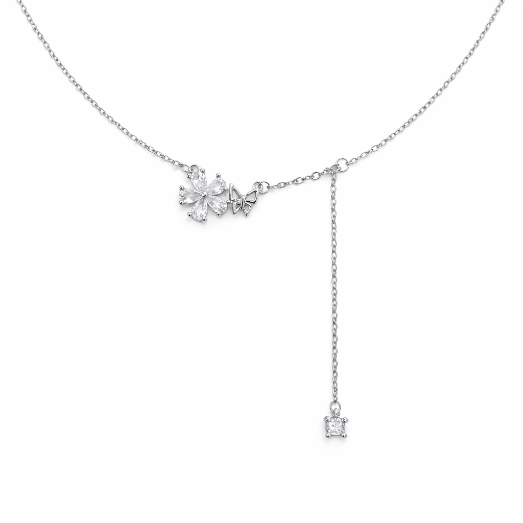 Flower Drop Pendant 925 Sterling Silver CZ Necklace