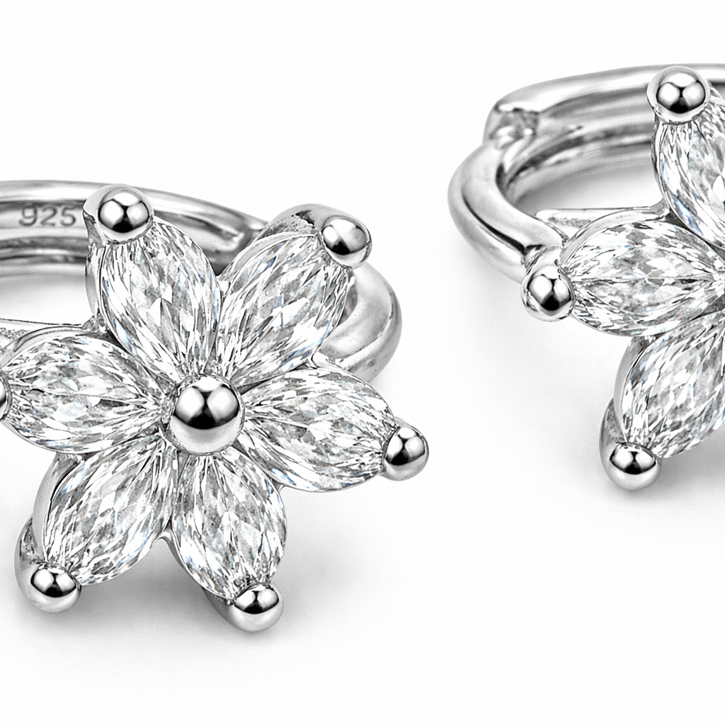 Dainty Flower 925 Sterling Silver CZ Hoop Earrings
