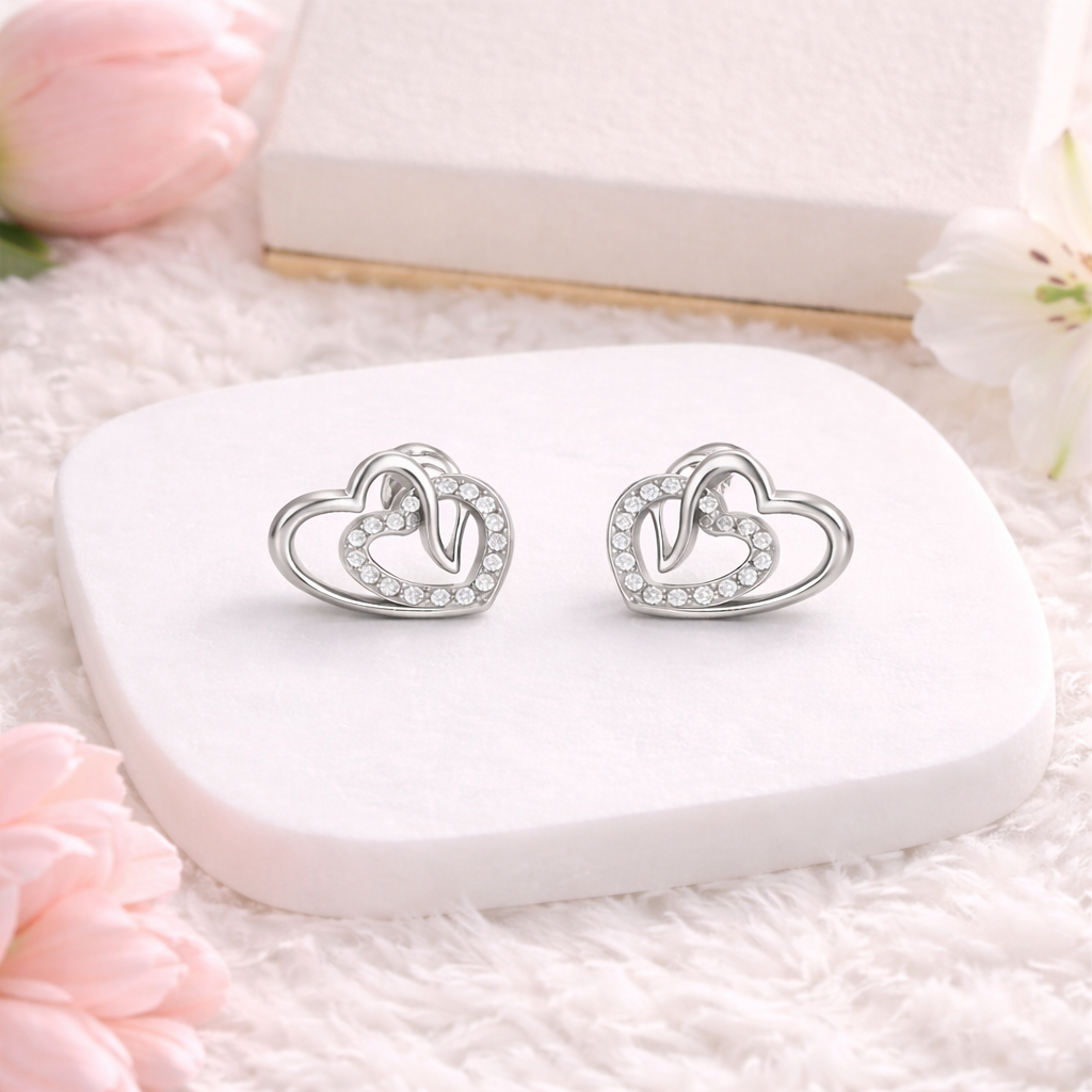 Intertwined Hearts 925 Sterling Silver CZ Stud Earrings