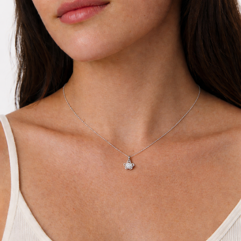 Sakura Pendant 925 Sterling Silver CZ Necklace