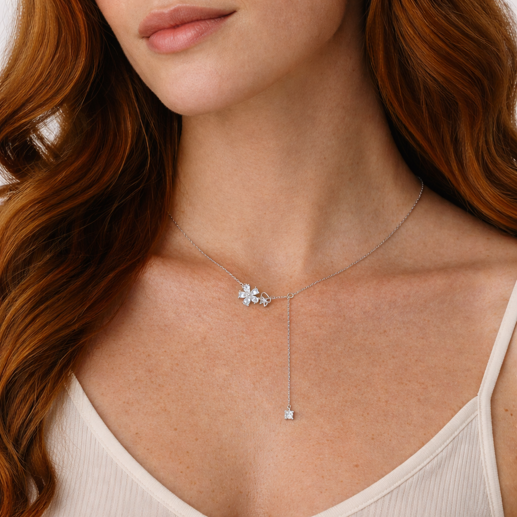 Flower Drop Pendant 925 Sterling Silver CZ Necklace