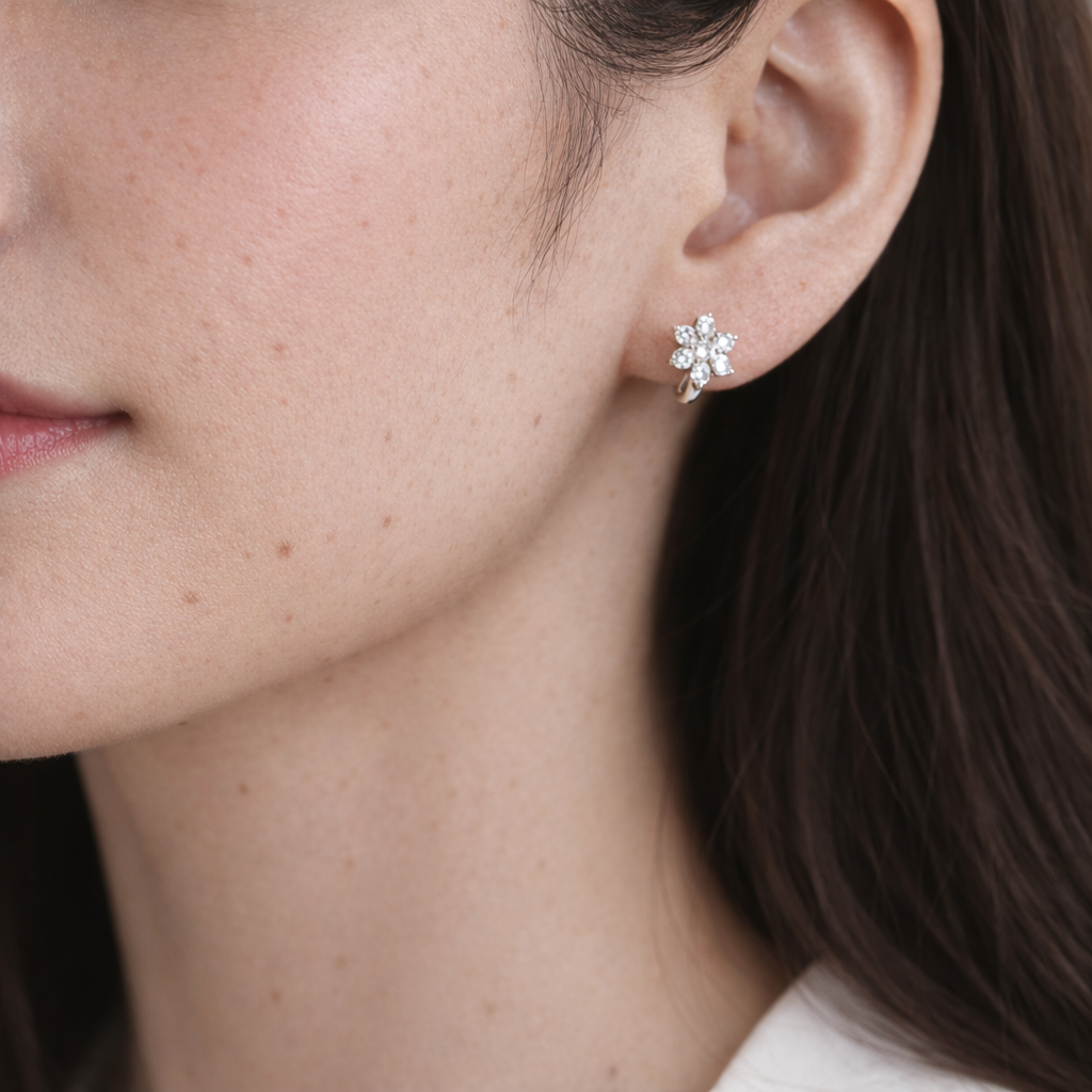 Dainty Flower 925 Sterling Silver CZ Hoop Earrings