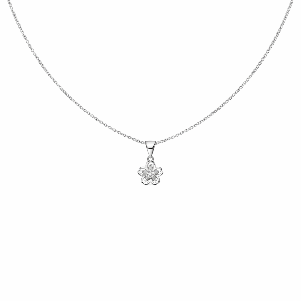 Sterling silver Sakura flower pendant necklace on a white background