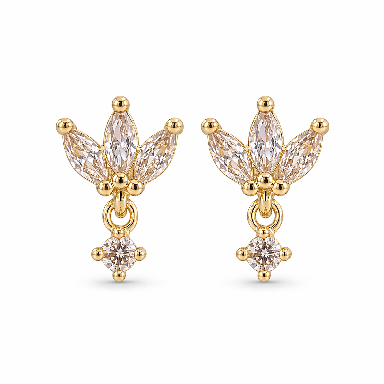 Lotus Drop Gold Vermeil Stud Earrings with CZ – Dainty Floral Drop Studs, Gift for Her