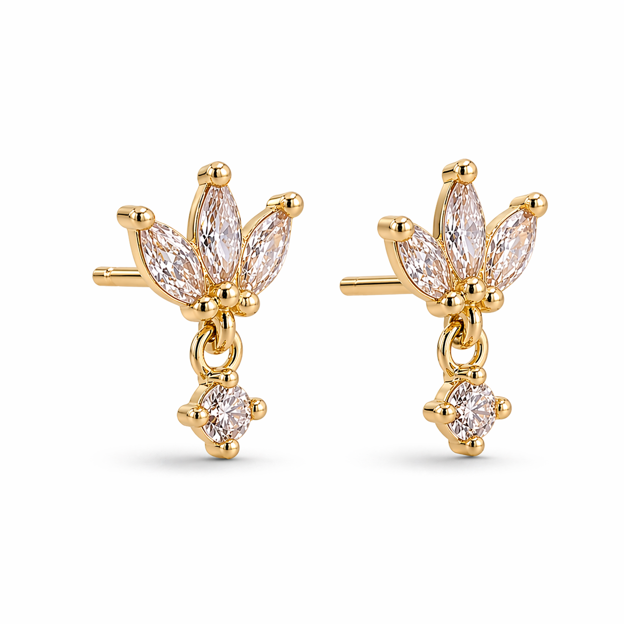 Close-Up Lotus Gold Vermeil Drop Stud Earrings – CZ Floral Accent
