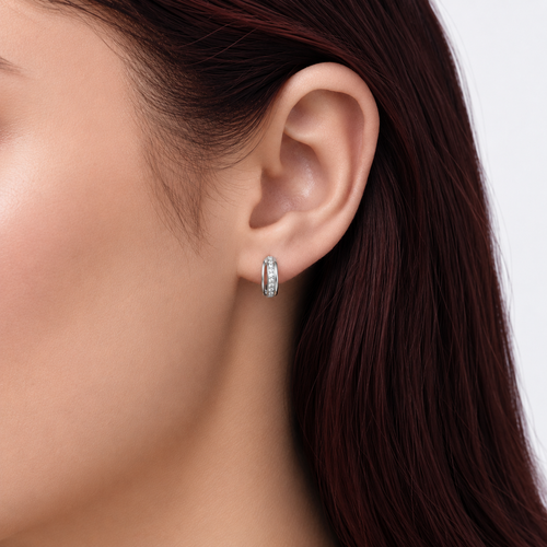 Sterling Silver CZ Edge Hoop Earrings Worn on Ears – Sparkling Everyday Jewelry