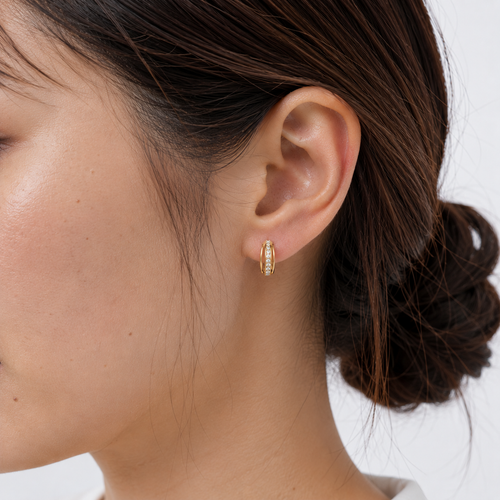 Gold Vermeil CZ Edge Hoop Earrings Worn on Ears – Sparkling Everyday Jewelry