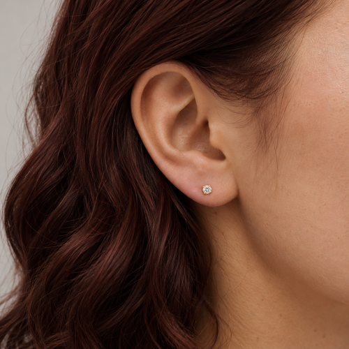 Gold Vermeil 4MM CZ Stud Earrings Worn on Ears – Timeless Minimalist Jewelry