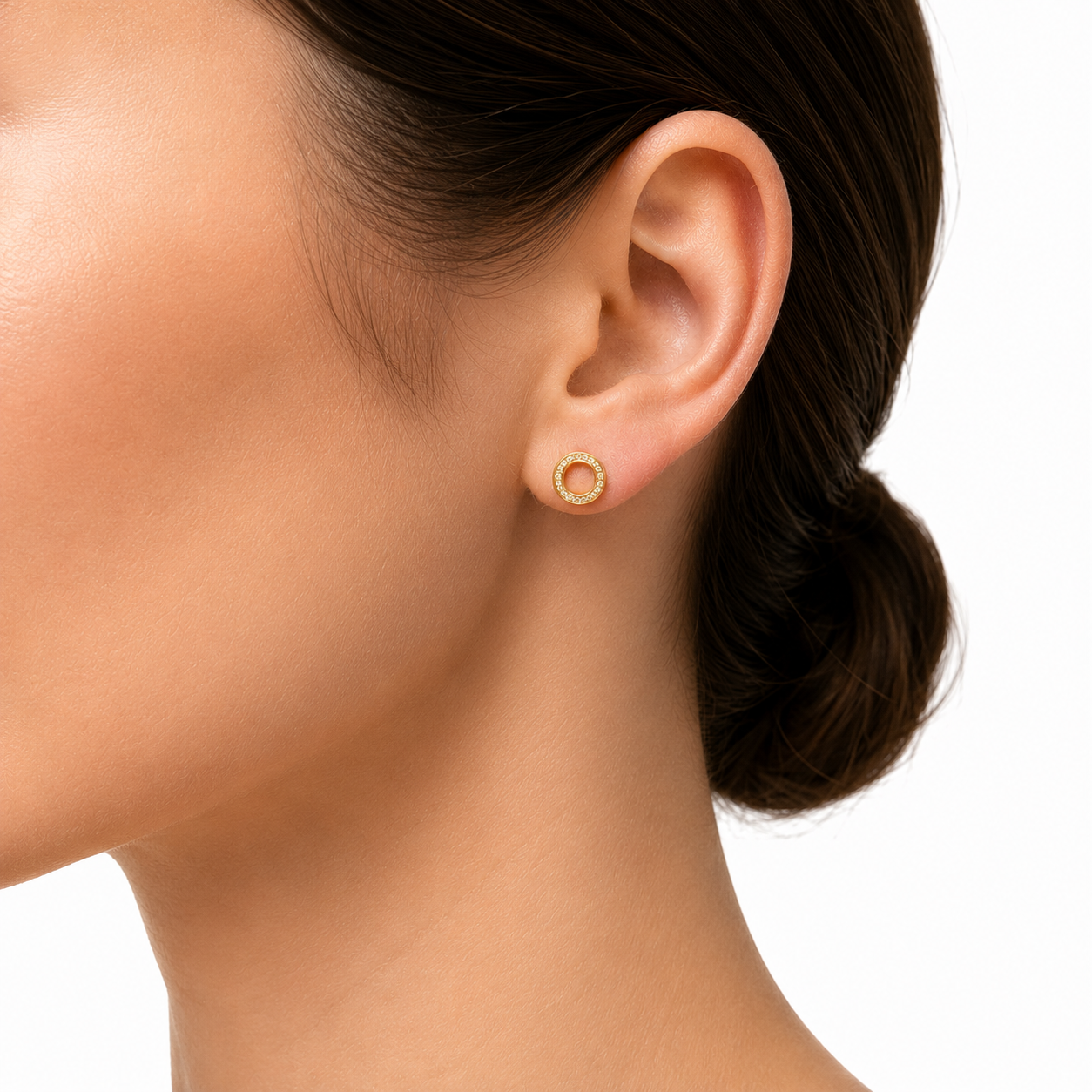 Gold Vermeil Halo CZ Stud Earrings Worn on Ears – Elegant Minimalist Jewelry