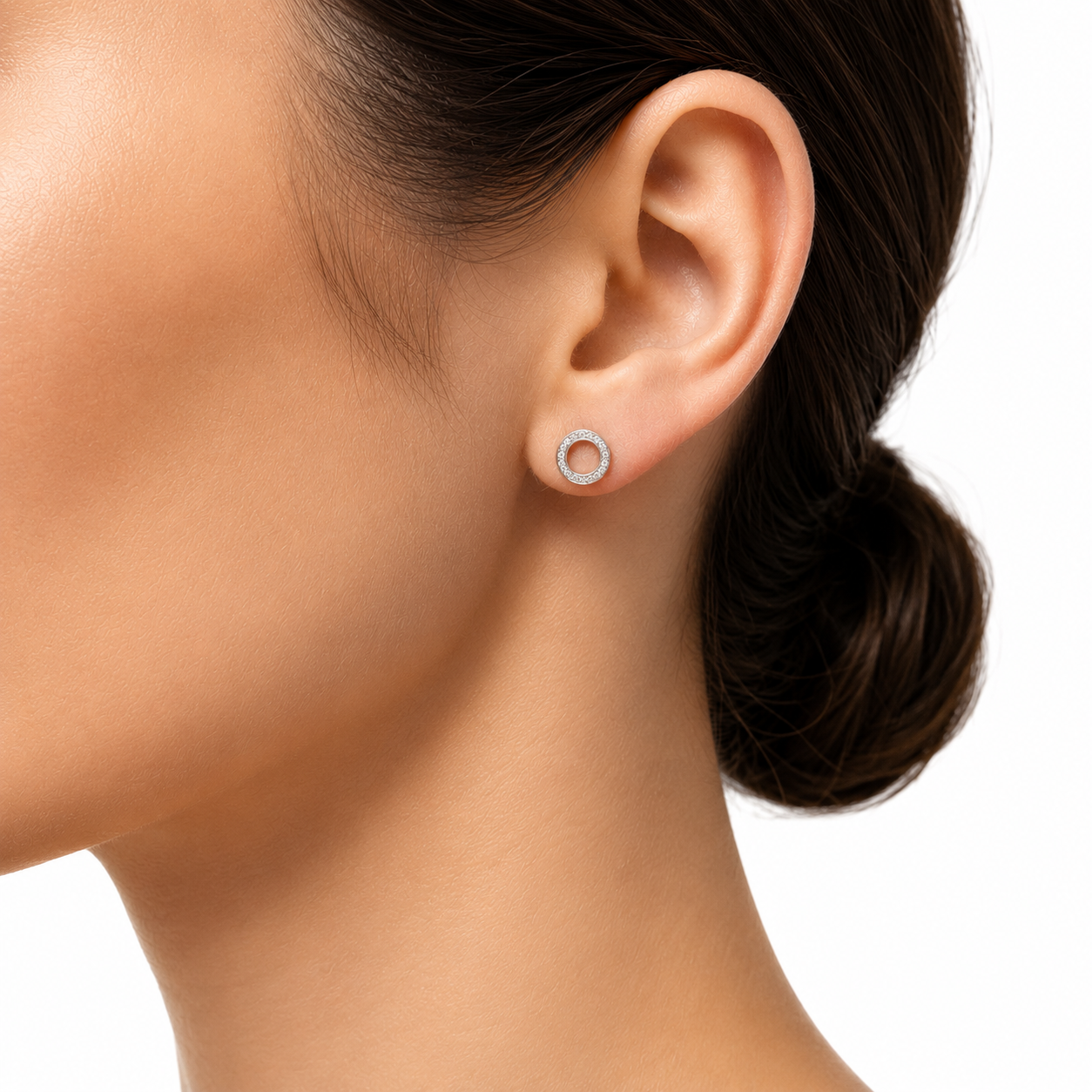 Sterling Silver Halo CZ Stud Earrings Worn on Ears – Elegant Minimalist Jewelry