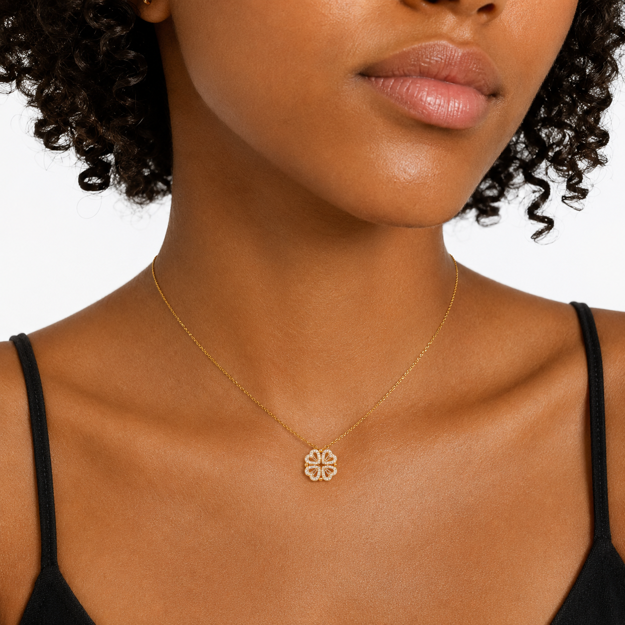 Gold Vermeil Clover CZ Necklace Worn on Neck – Dainty Convertible Pendant Jewelry