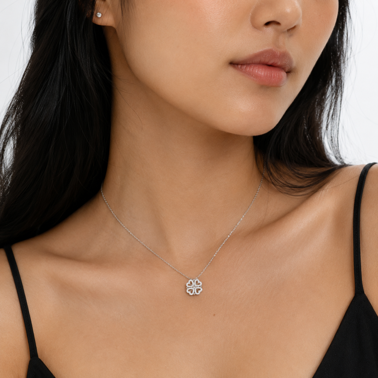 Sterling Silver Clover CZ Necklace Worn on Neck – Dainty Convertible Pendant Jewelry