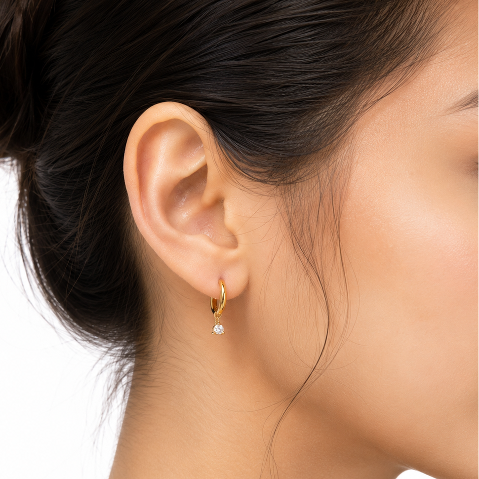 Gold Vermeil CZ Drop Earrings Worn on Ears – Elegant Minimalist Jewelry