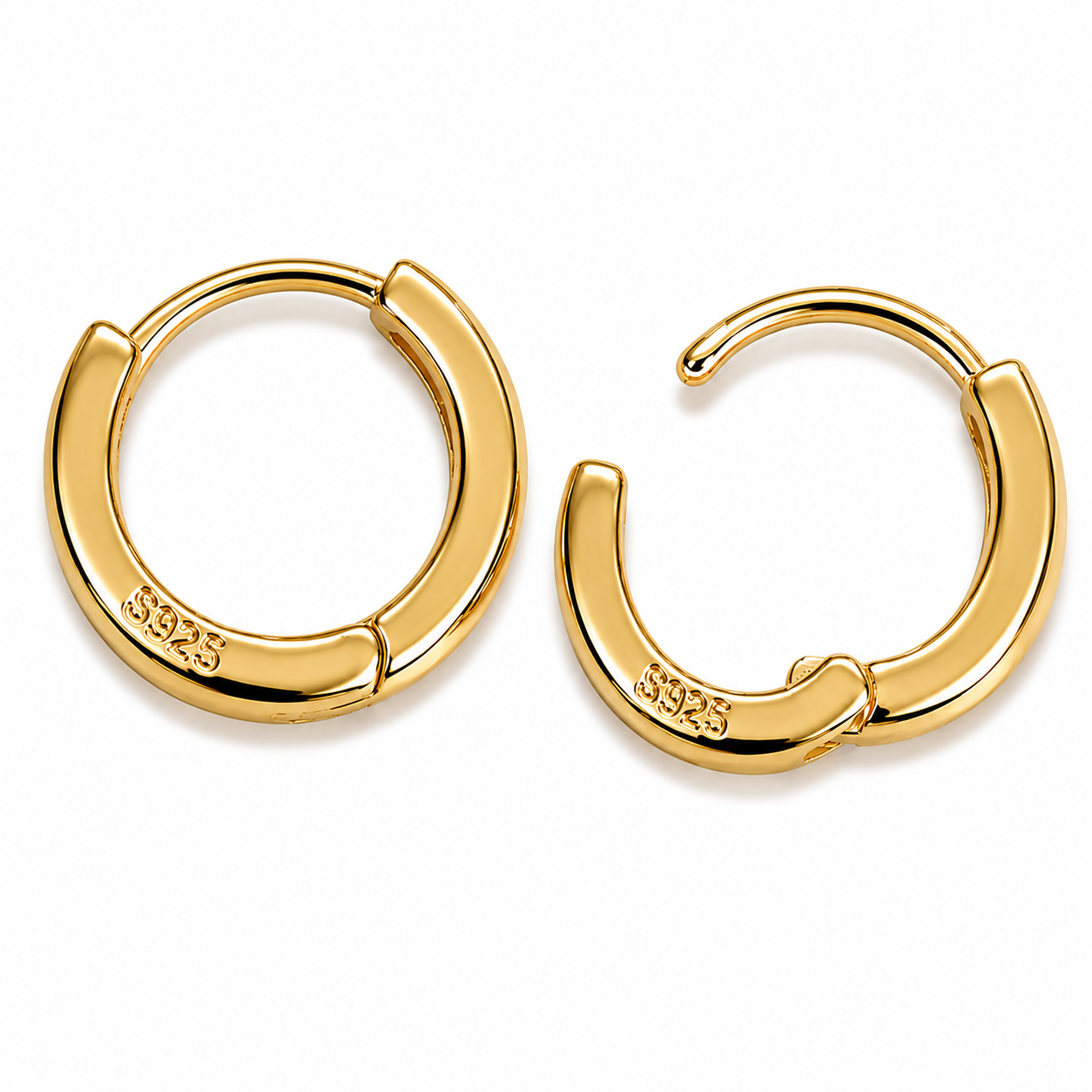 Side View 12MM Gold Vermeil Huggie Hoop Earrings – Minimalist Luxury Jewelry