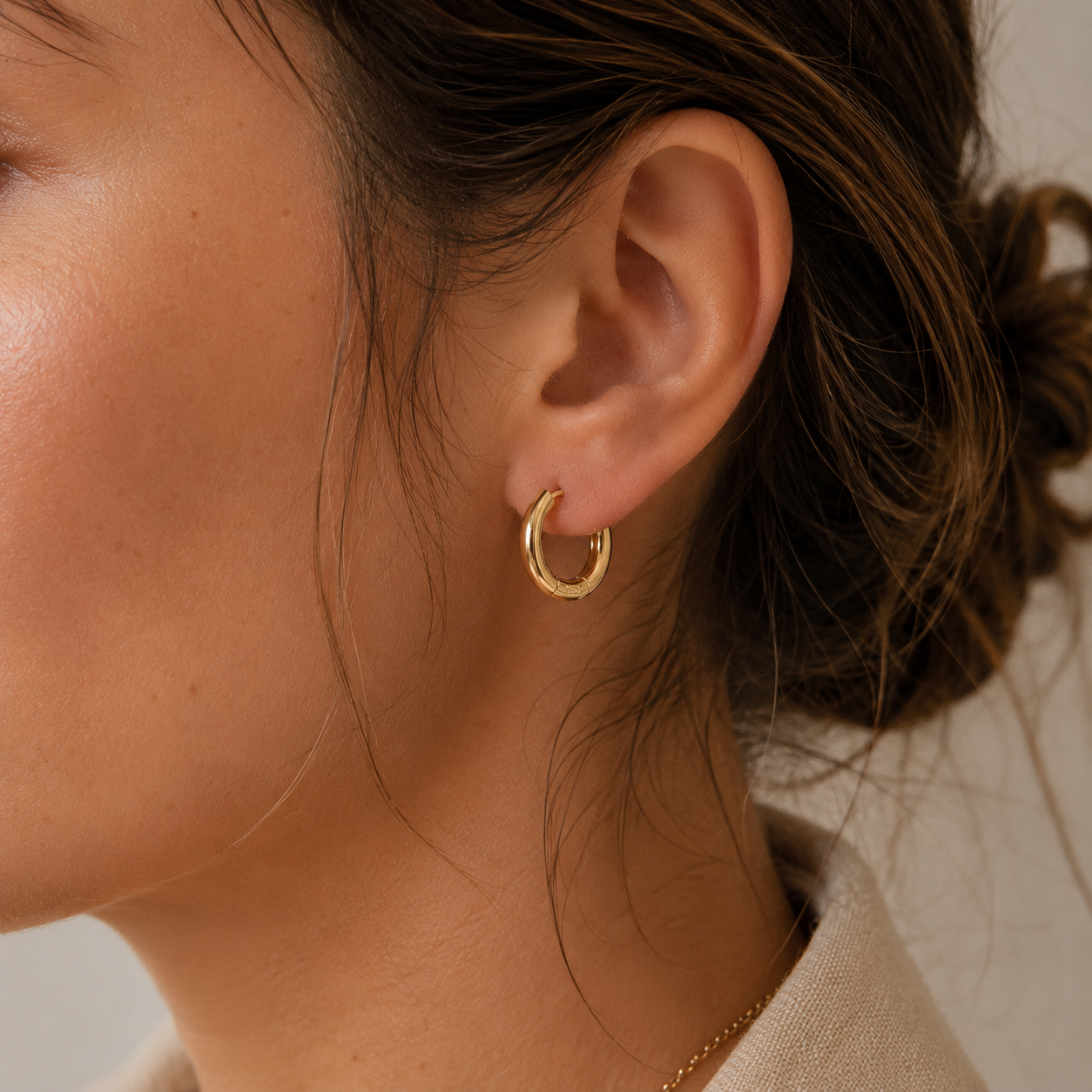 10MM Gold Vermeil Huggie Hoop Earrings Worn on Ears – Timeless Everyday Jewelry