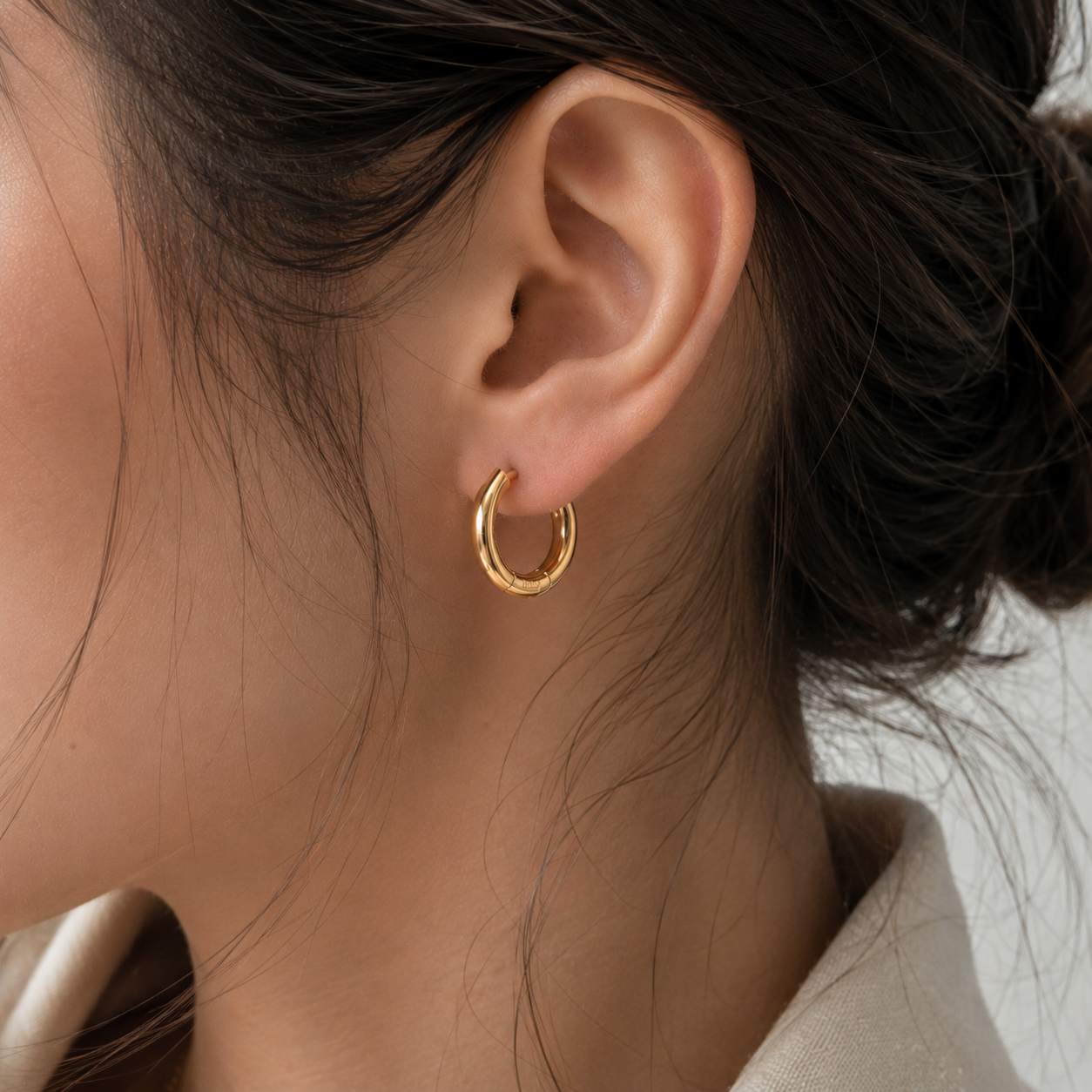 12MM Gold Vermeil Huggie Hoop Earrings Worn on Ears – Timeless Everyday Jewelry