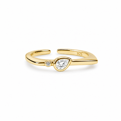 Gold ring with two diamonds on a white background