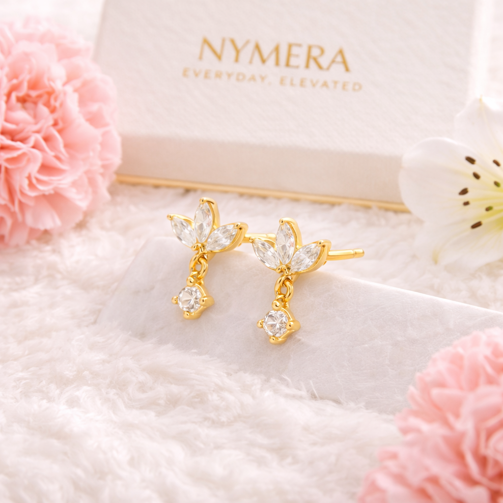 Lotus Drop Cubic Zirconia Gold Vermeil Stud Earrings