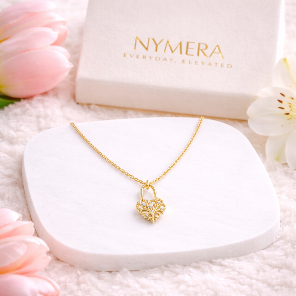 Heart Lock Pendant Gold Vermeil with Cubic Zirconia Necklace