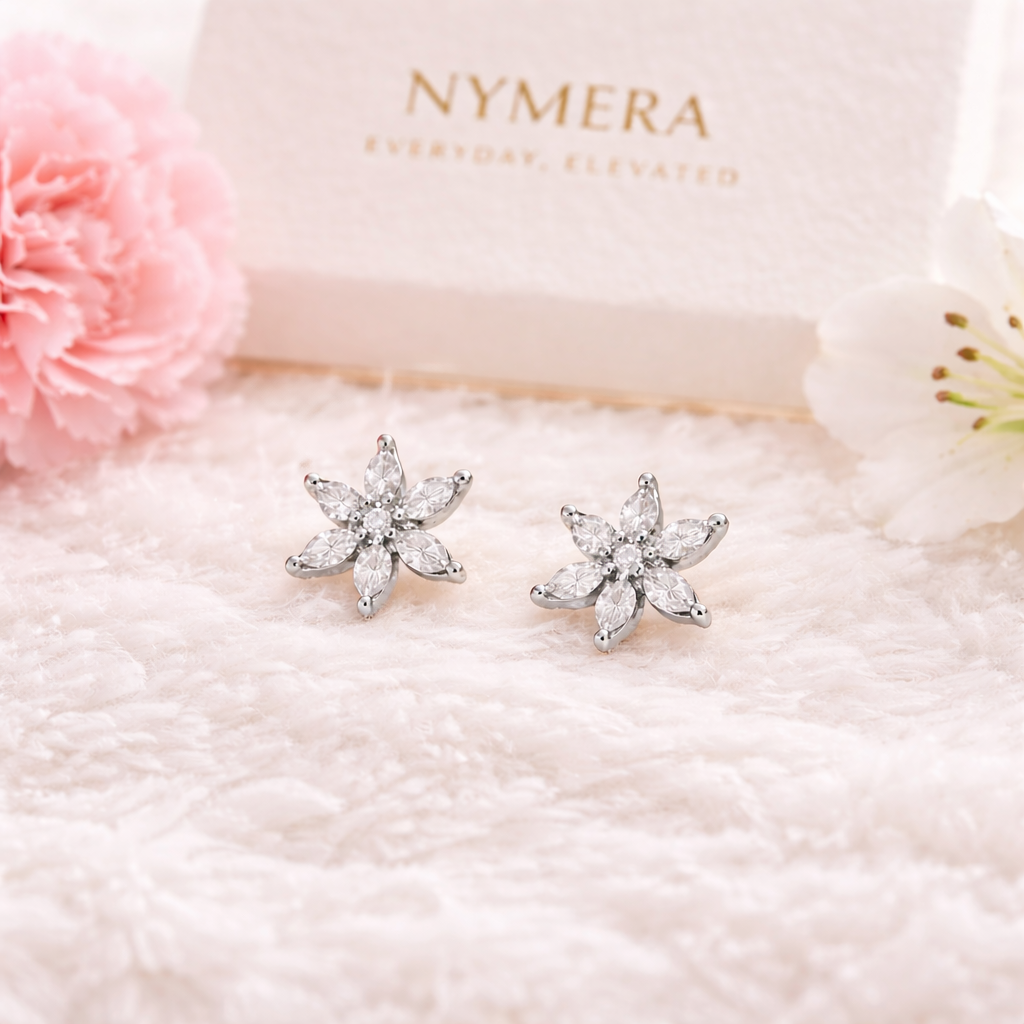 Dainty Flower 925 Sterling Silver Cubic Zirconia Stud Earrings