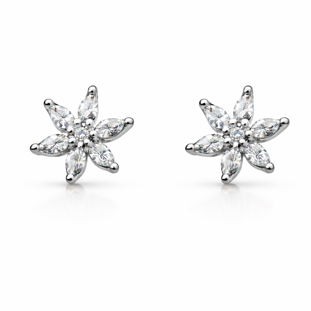Pair of cubic zirconia flower earrings on a white background