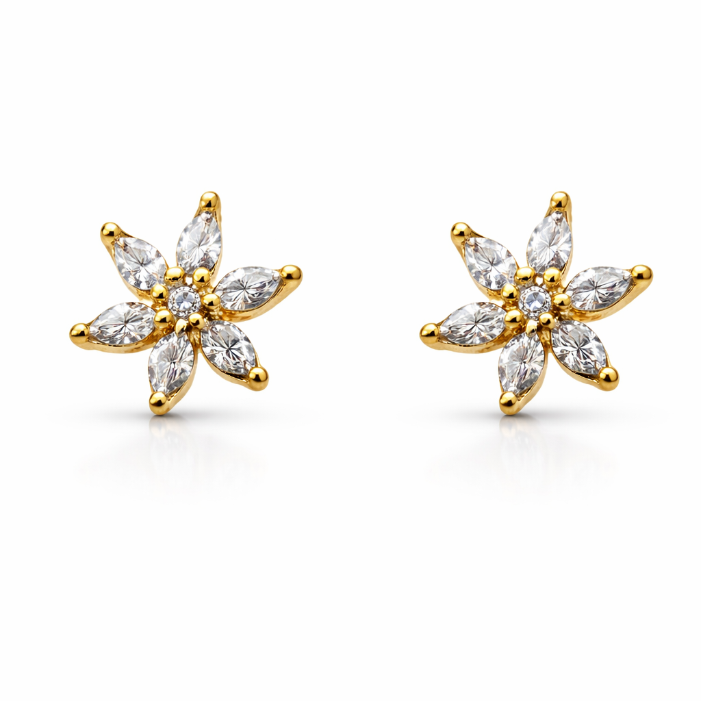 Gold star-shaped earrings with clear cubic zirconia on a white background