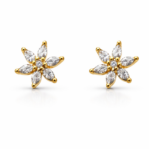 Gold star-shaped earrings with clear cubic zirconia on a white background