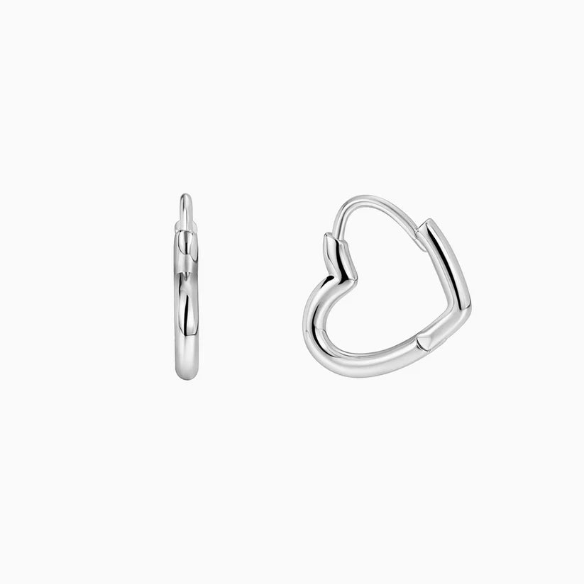 Silver heart-shaped hoop earrings on a white background