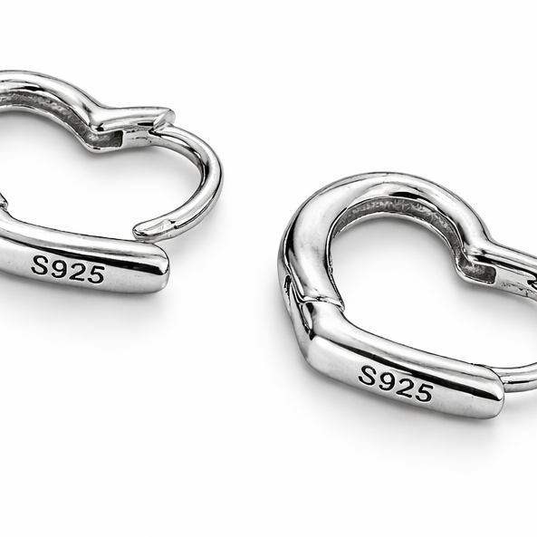 Heart Clasp Hoop Earrings with S925 Markings Showing at the Bottom of the Heart