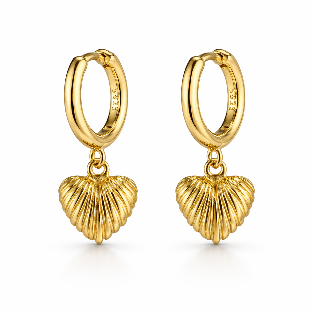 Gold Hoop Earrings with Heart Shaped Shell Drop Pendant