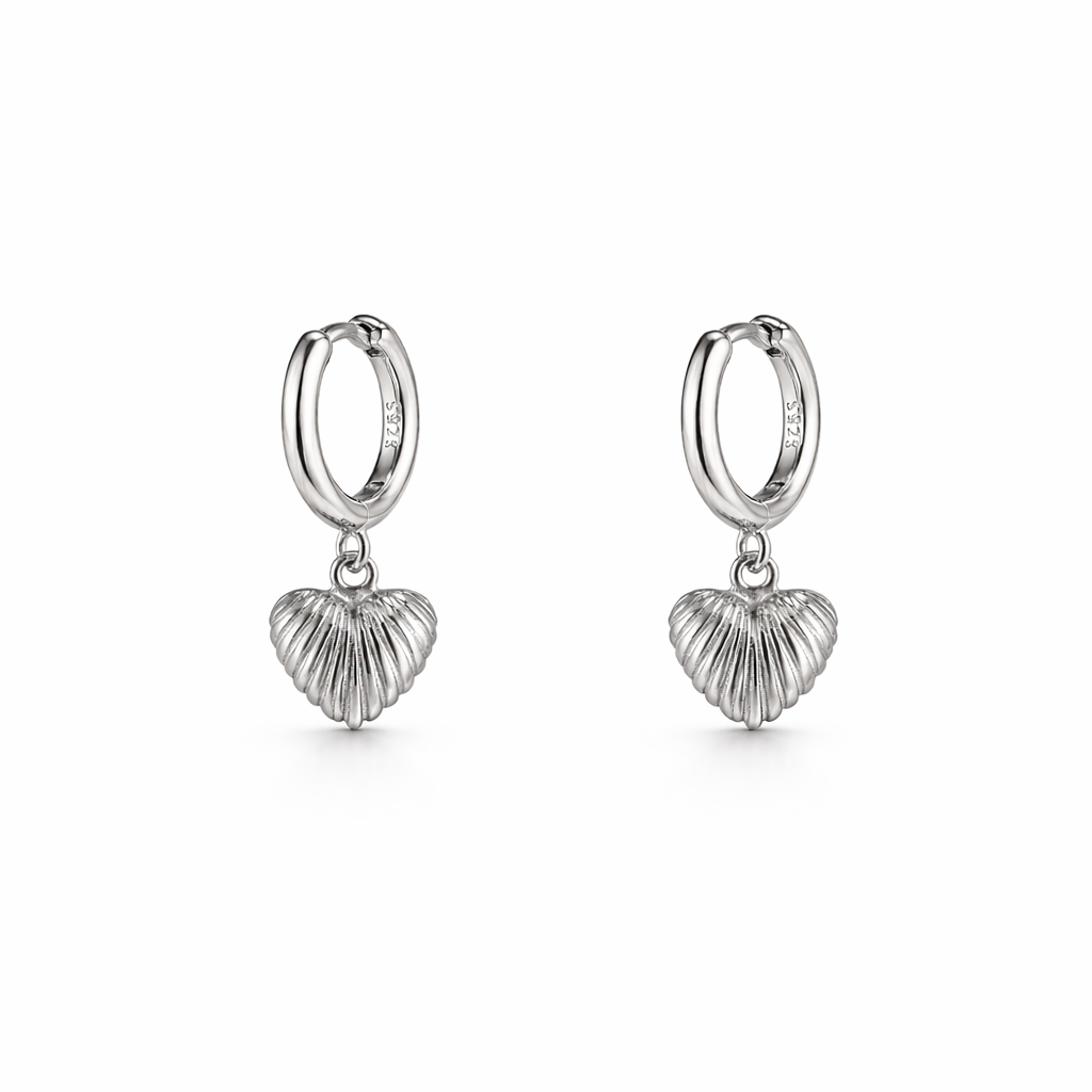 Sterling Silver Hoop Earrings with Heart Shell Drop