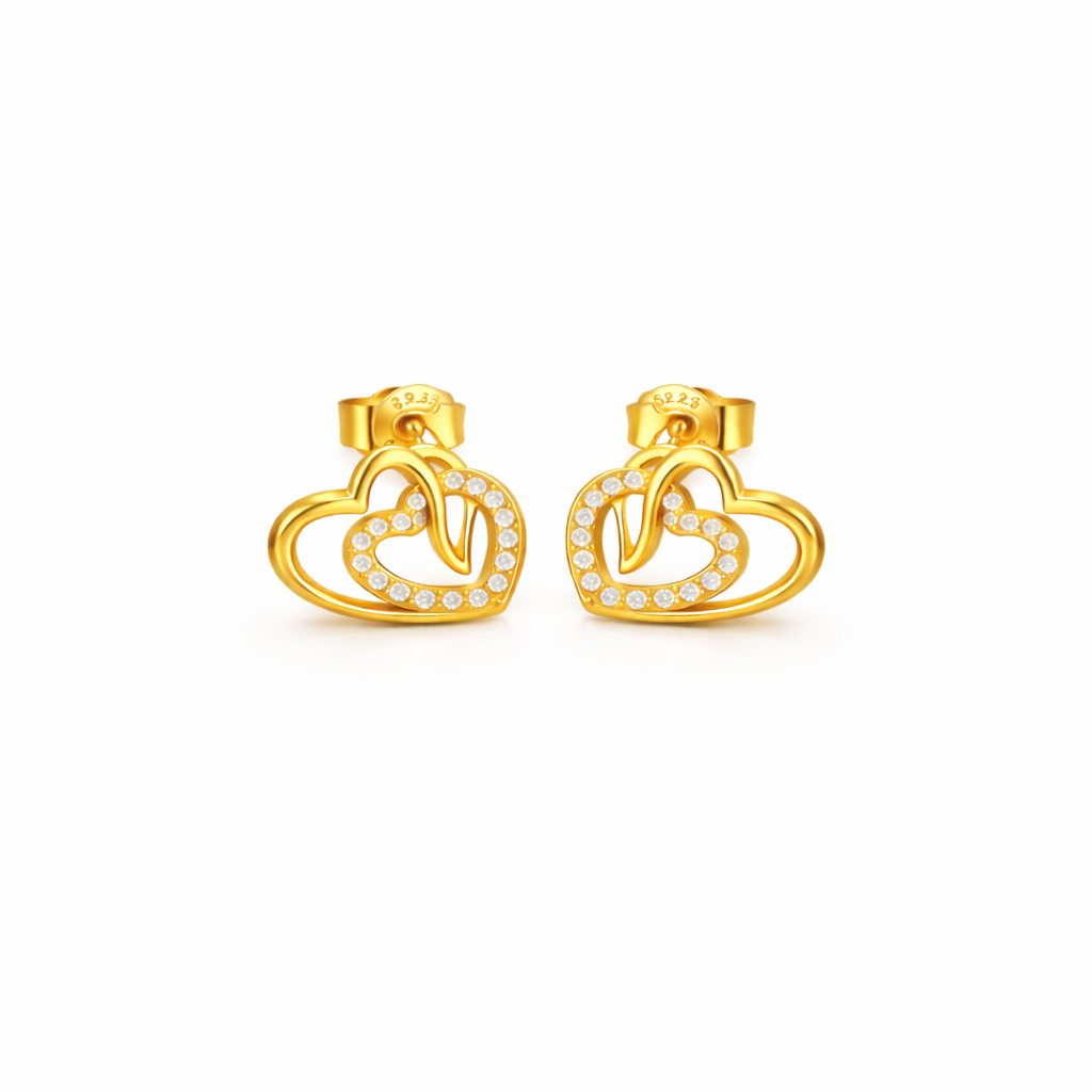 Stud Earrings with heart over a smaller heart design made of 18k gold vermeil
