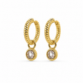 Gold hoop earrings with small round gemstones on a white background