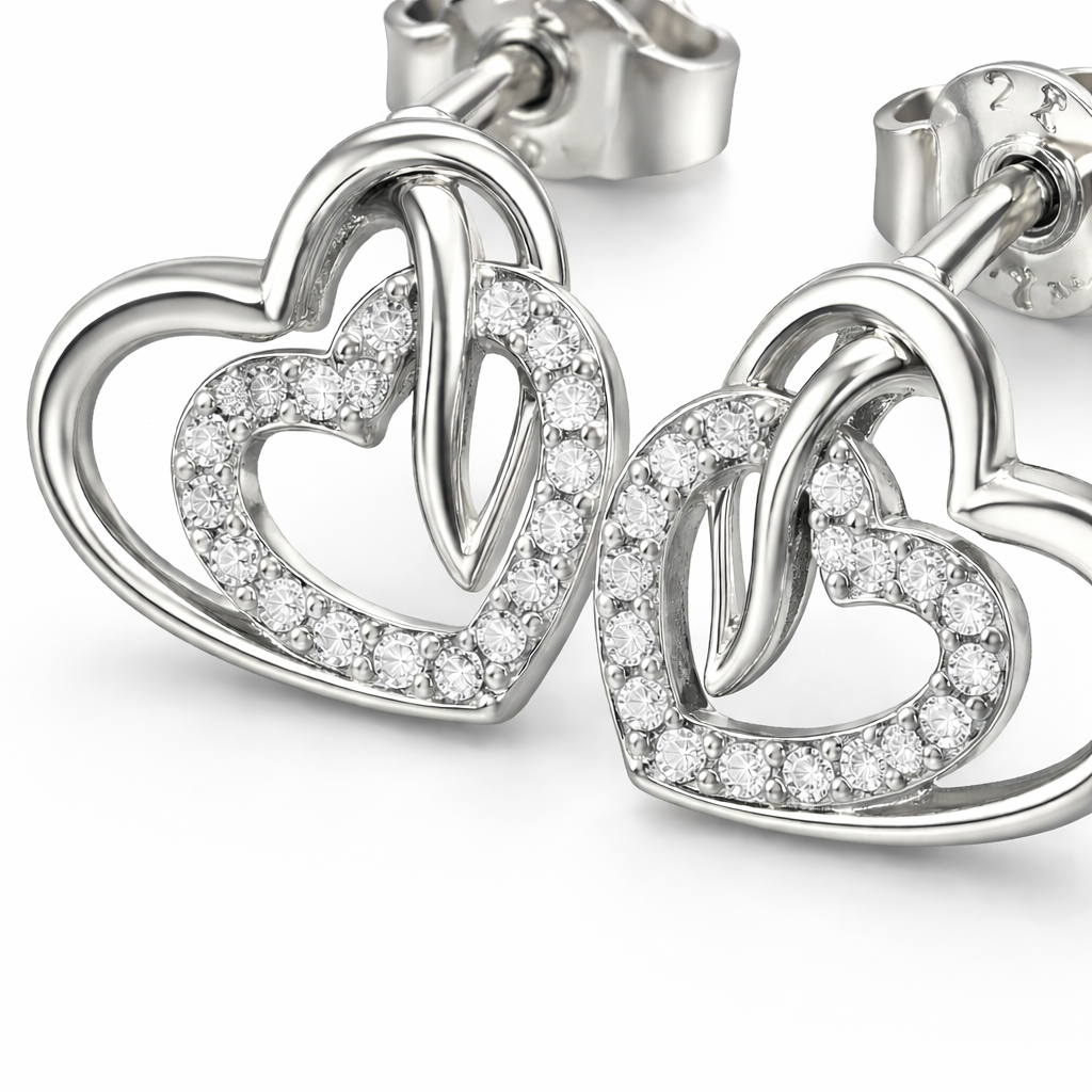 Close Up of Sterling Silver Heart Looped with Cubic Zirconia Stones