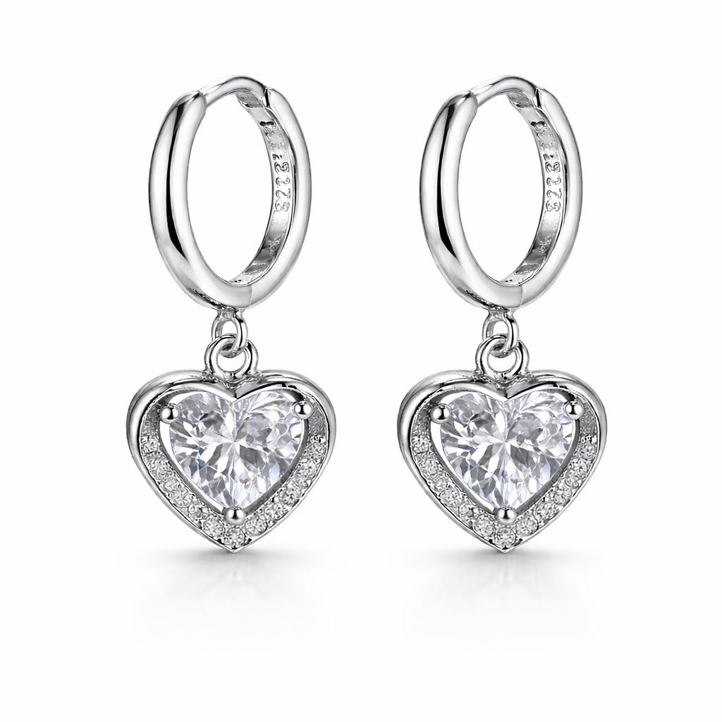 A Sterling Silver Hoop Earrings with a Heart Dangling beneath