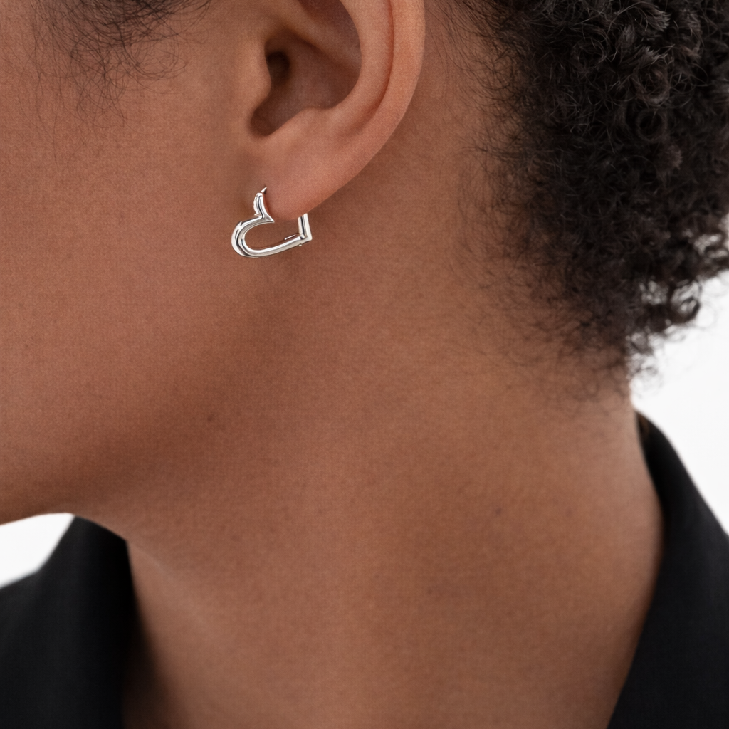 Dainty Heart Hoop Earring Sterling Silver worn on Ears