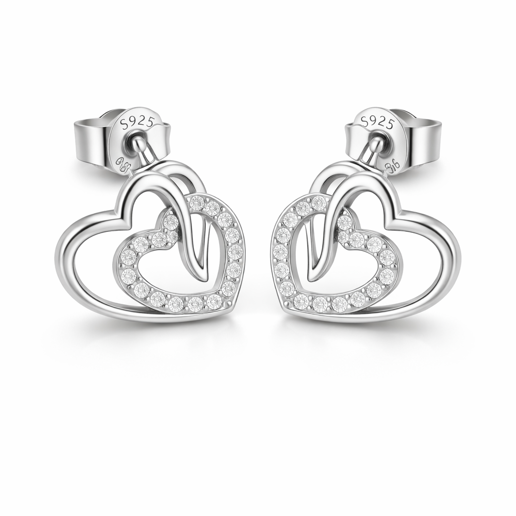 Looped  Two Hearts Sterling Silver Stud Earrings Push and Pull